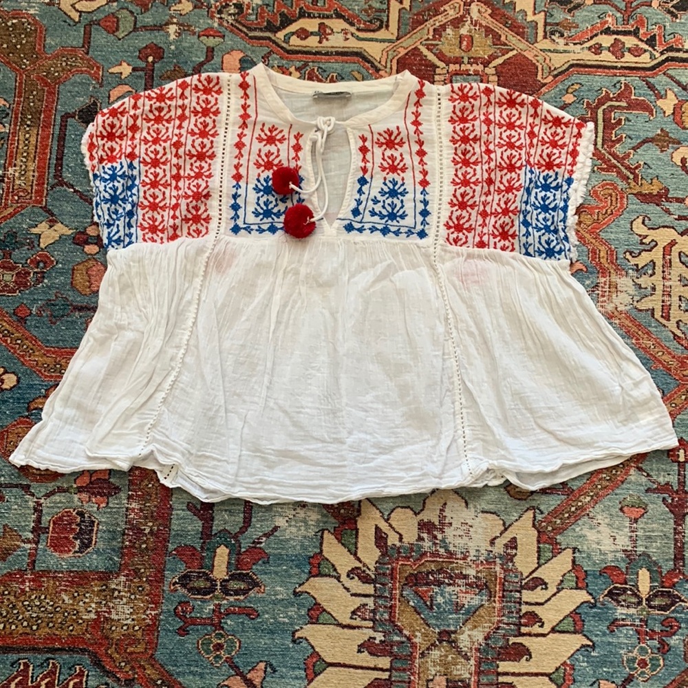 Zara embroidered peasant top blouse boho XS 0 2 EUC